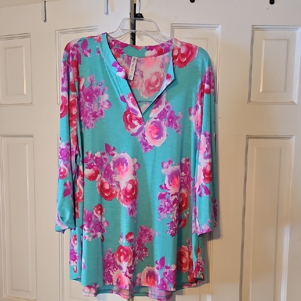 Floral V-Neck Tunic - Pink and Blue